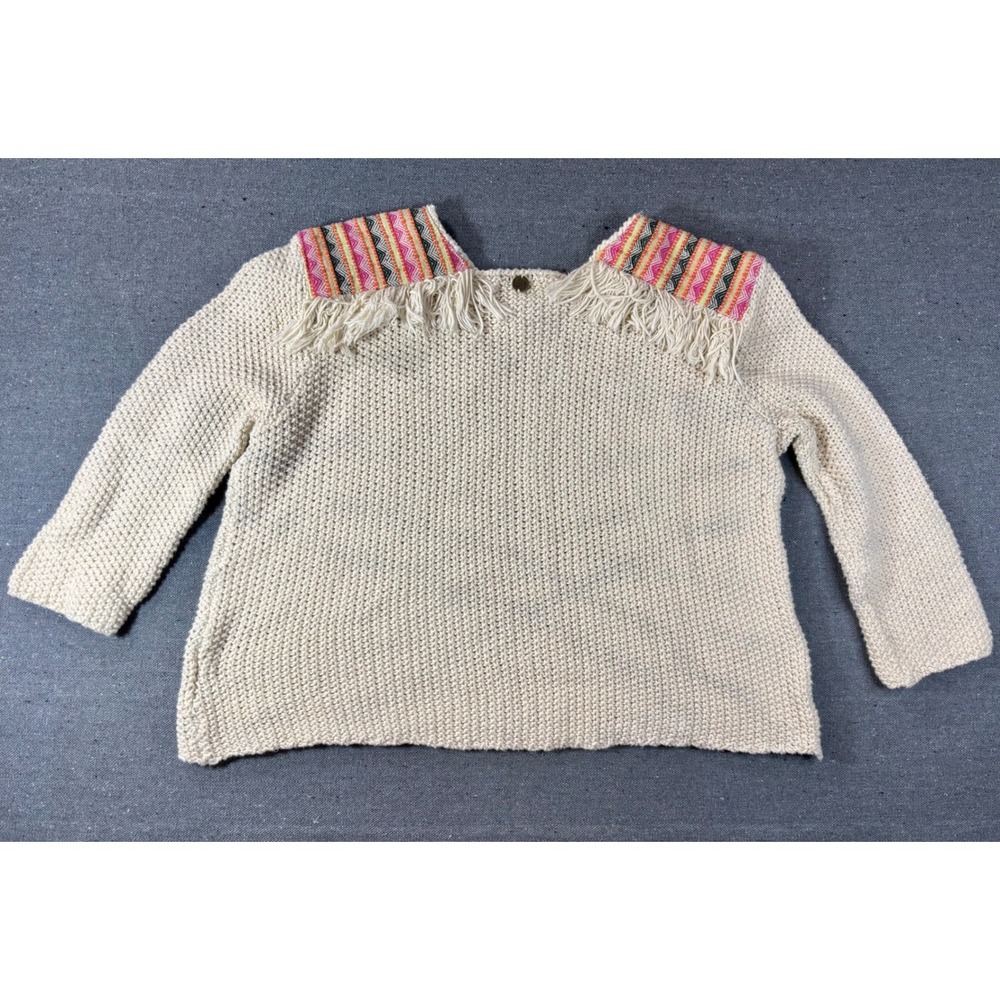 Billabong Cream Cotton Knit Fringe Sweater Boho Southwestern Embroidered Large - Picture 6 of 7